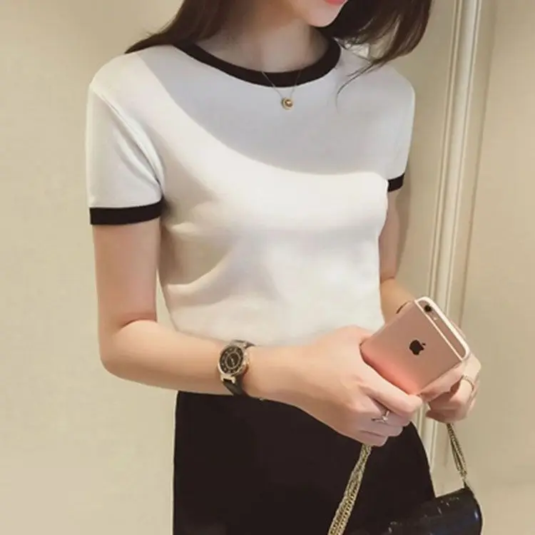 

Short Sleeve O-neck Solid Tops Women's Summer Knitted Shirt Loose Short Sleeve Ice Silk Sweater Fashion Women Shirt L181