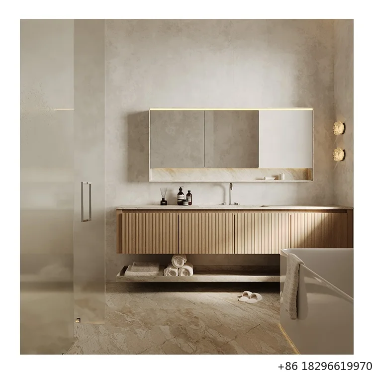 

Granite Marble Floating Double Sink Bathroom Cabinet Smart Mirror Vanity Sink for Hotel Home Bathroom