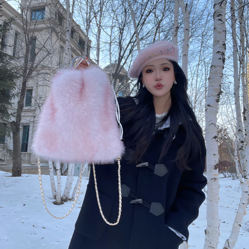 Luxury Faux Fur Women\'s Shoulder Bags Soft Plush Ladies Travel Backpack Girls Tote Bag Solid Color Female Fluffy Handbags Purse