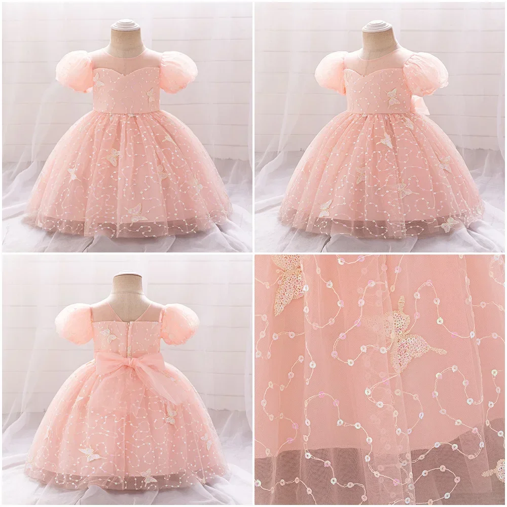 Summer Pink Butterfly Girl Party Dress for Baby Tulle 1st Birthday Princess Prom Gown Toddler Sequin Tutu Kids Clothing Costumes