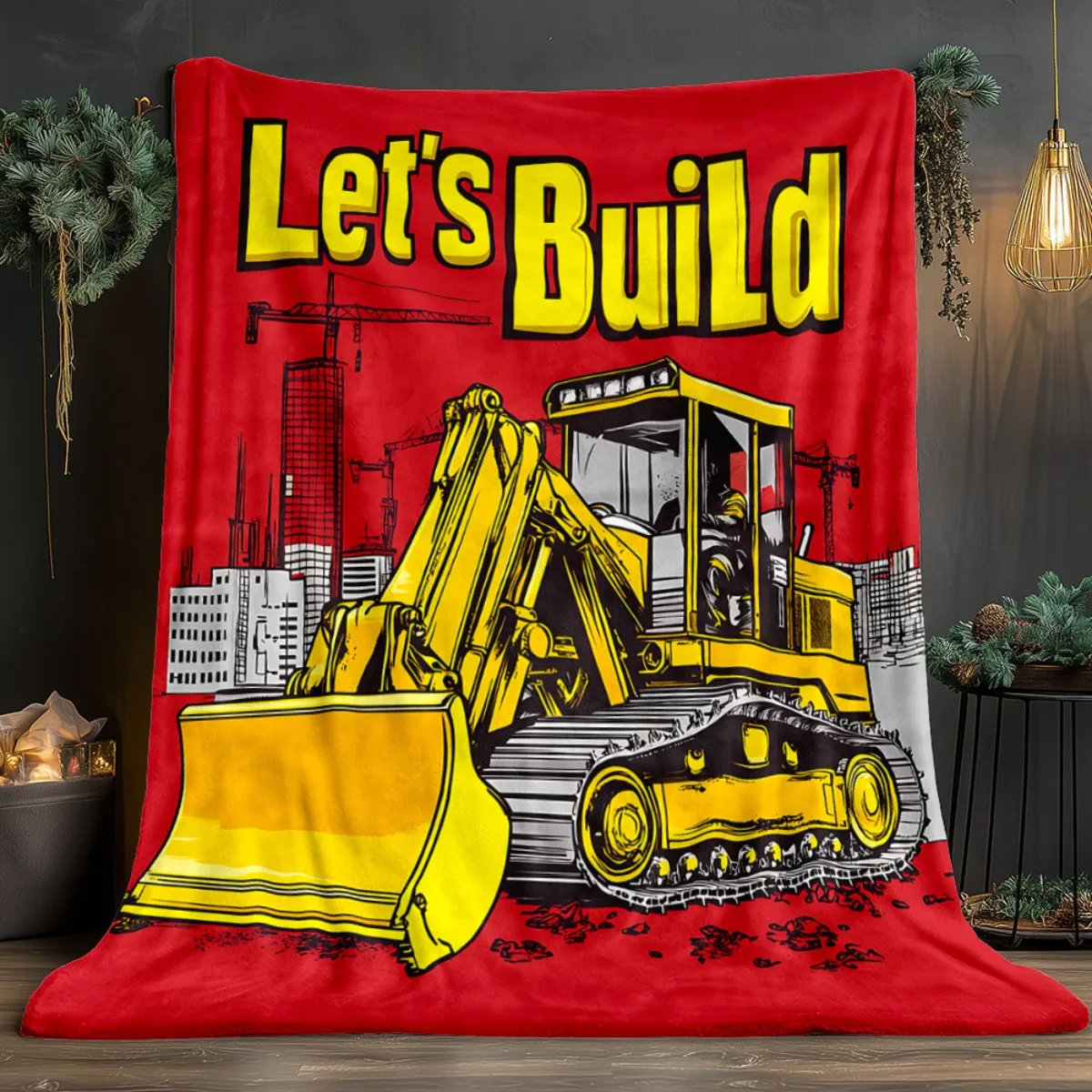 1pc Construction excavator Let's Build city skyline red background flannel blanket for kids construction theme blanket