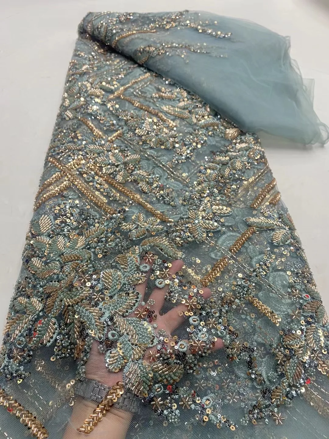 2024 africano Nigeria alta calidad lentejuelas tela de encaje de tul vestido de fiesta de boda cuentas bordado de piedra guipur 5 yardas DP0302