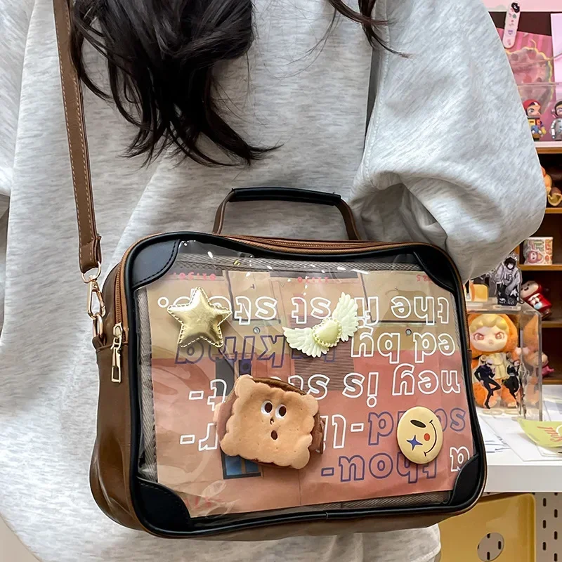 Y2K Fashion Vintage Ita Crossbody Bag Cute Girl Transparent Shoulder Bag  Students DIY Display Handbag New Women PU Purses Сумка