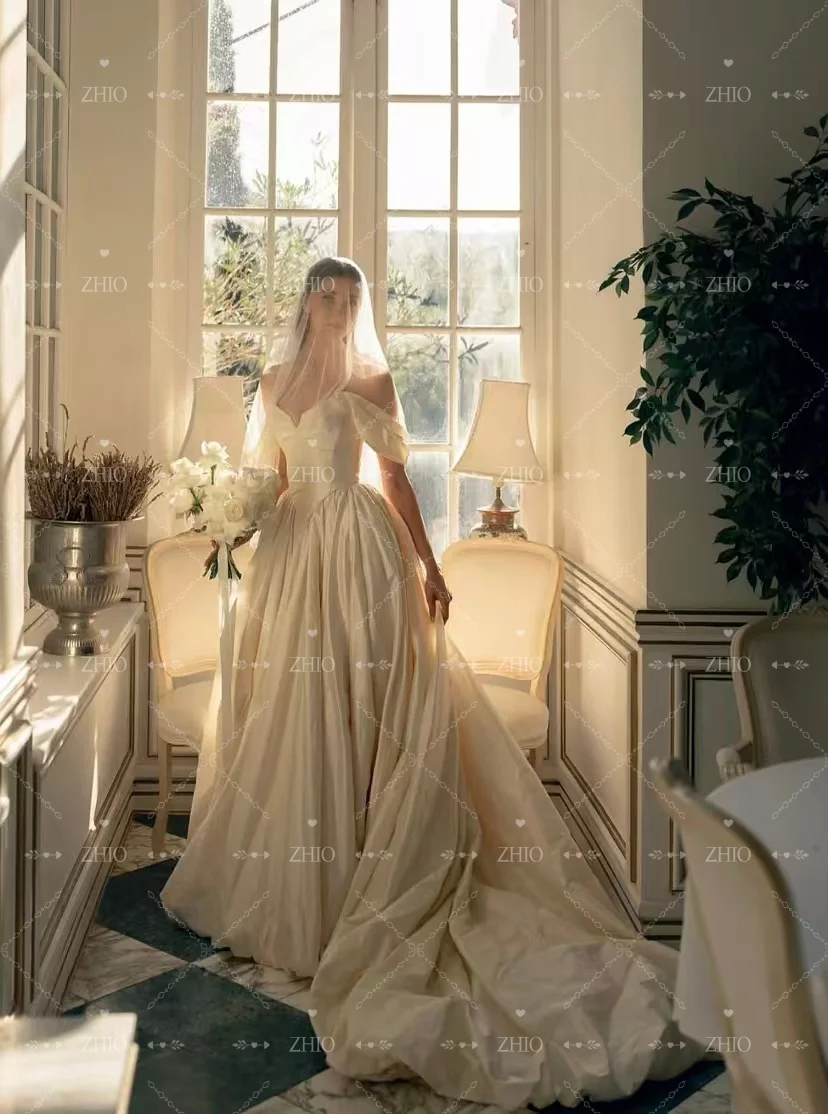 ZHIO Винтажное свадебное платье из 2 предметов с открытыми плечами и драпировкой, длинным шлейфом цвета слоновой кости, шелковое свадебное платье из тафты, индивидуальное платье Robe de mariée