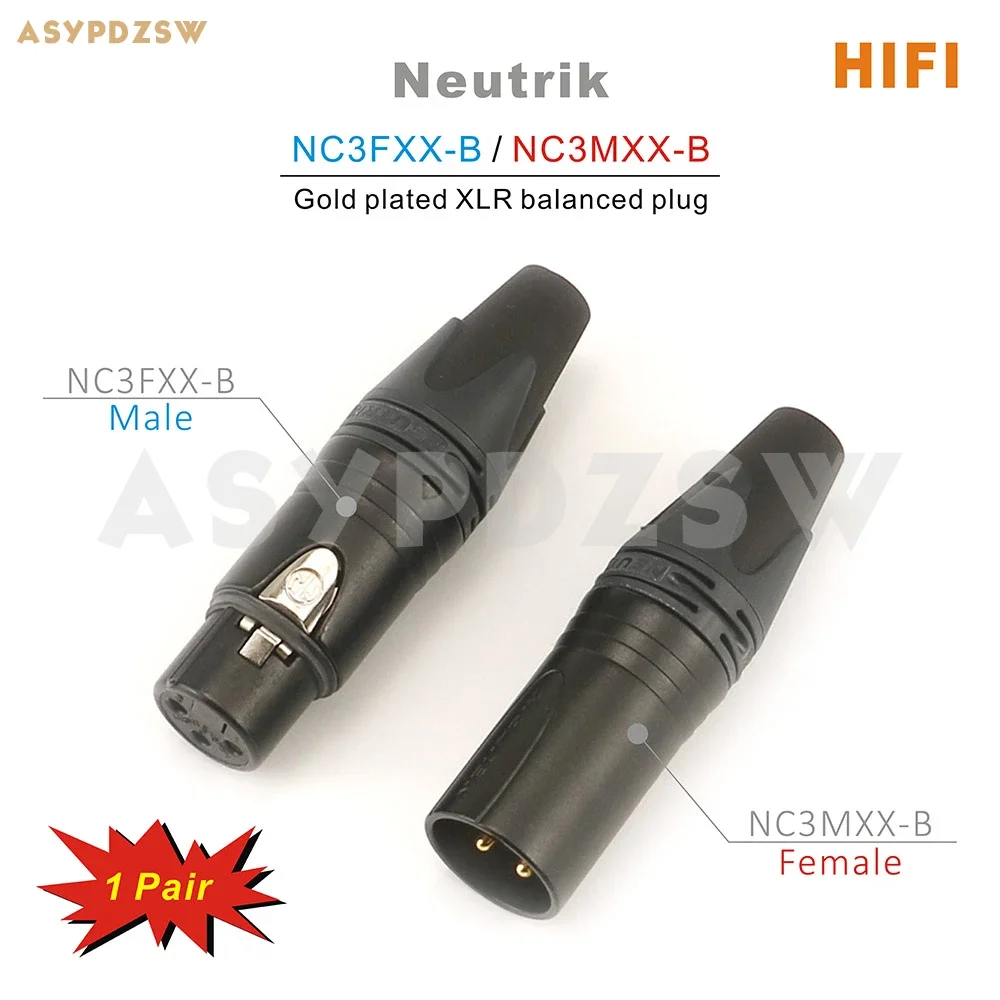 1 Pair HIFI Neutrik NC3MXX-B/NC3FXX-B Male/Female 3-Core Gold plated XLR balanced plug