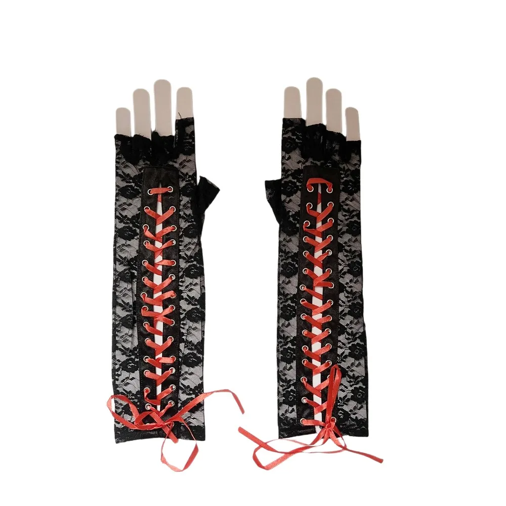 Gants en dentelle Sexy à bretelles, longs, demi-doigt, Punk Cos, ruban, gants de Performance pour Club de danse