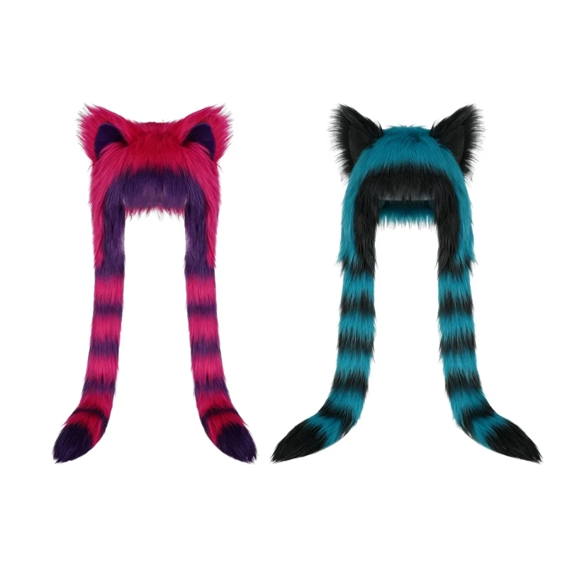 Gothic Plush Ear Hat with Long Hanging Side Panels, Pointed Ear Earflap Headwear for Festival Cosplay Winter Styling Y08E