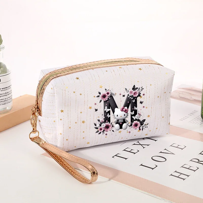 Hello Kitty Sanrio Cosmetic Bag Large Capacity Square Makeup Storage Pouch Anime Letter A-z Print Pencil Bags Gothic Style Gift