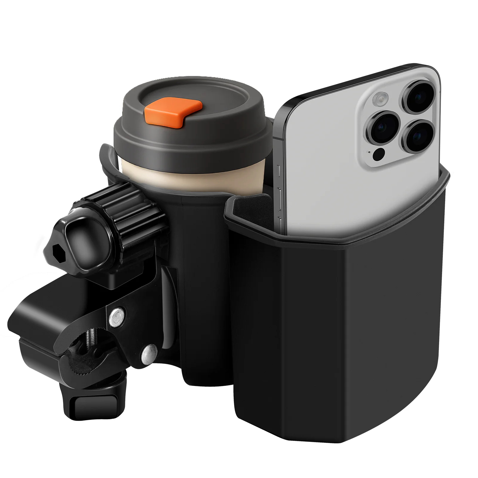 

2-in-1Stroller Cup Holder with Phone Holder, 360° Rotatable Strong Clip, Large Storage Box for Stroller, Wheelchair, Walker, Bik