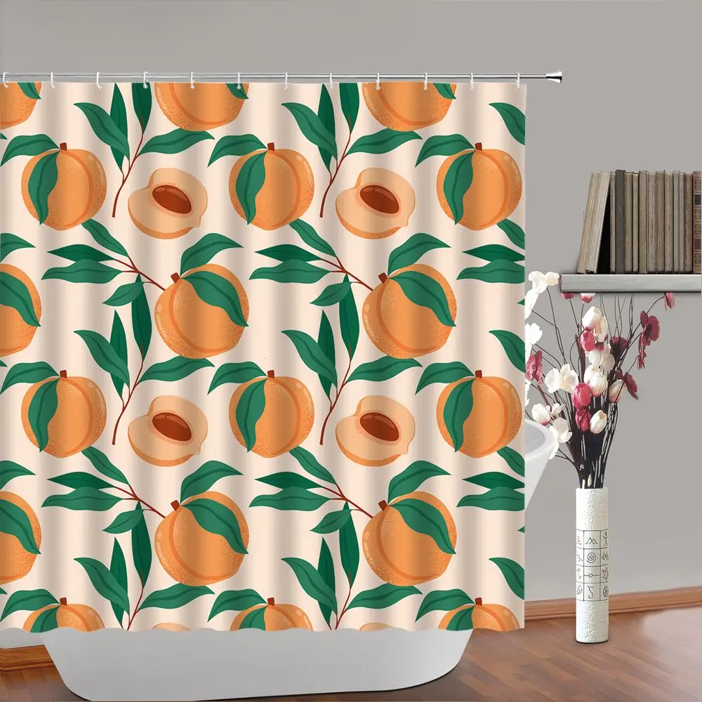 Peach Shower Curtain for Bathroom Decor Cute Pink Boho Tropical Fruit Orange Apricot Leaves Colorful Bath Curtains Set with Hook