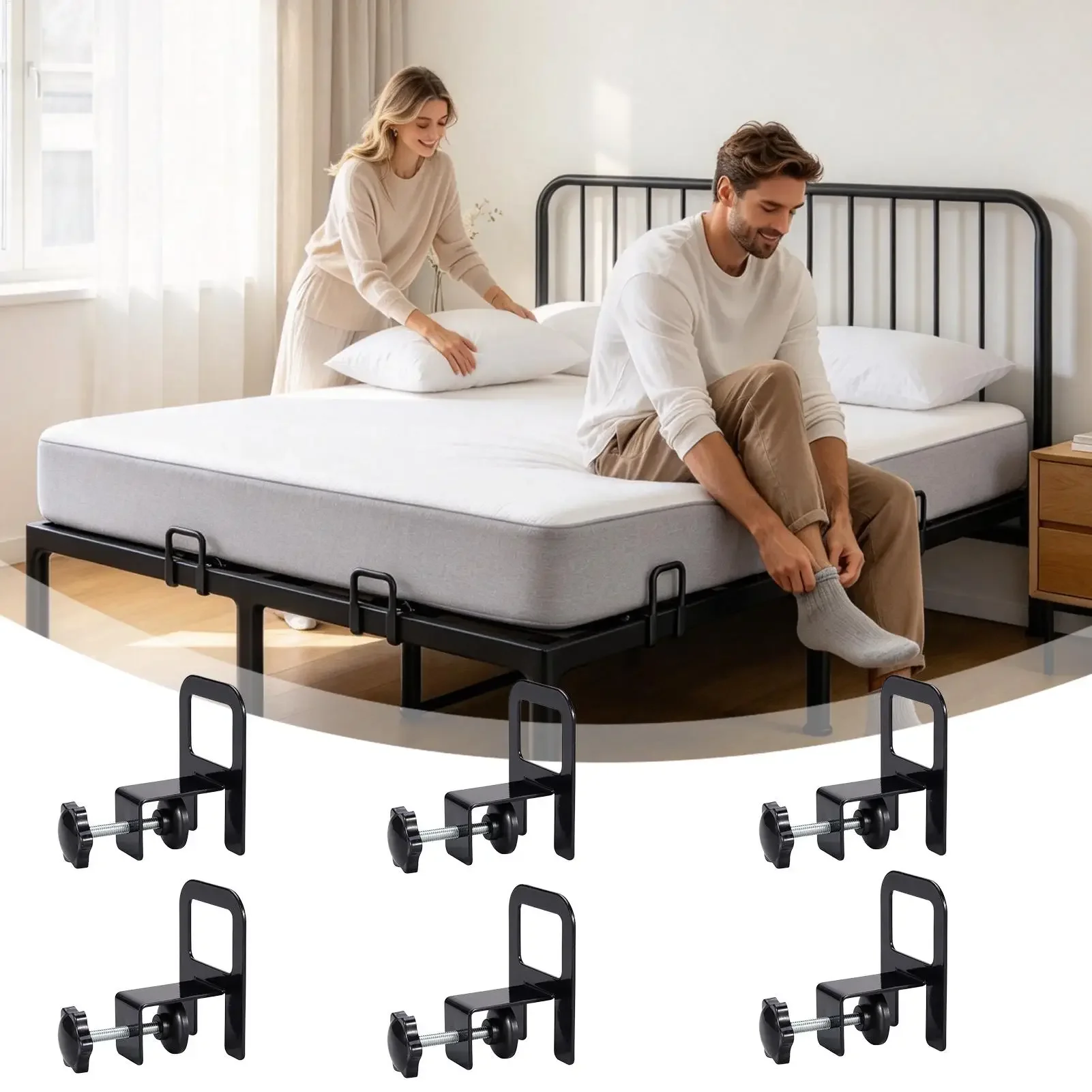 6Pcs Mattress Clamp with Adjustable Screw No-Drill Metal Retainer Bracket with Hand Tightening Screw for Guest Room