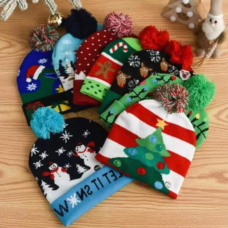 Christmas Shine Knit Hat Autumn Winter Santa Snowman Elk Gingerbread Man XMAS Colored Light Hat Party Adult Santa Hat New