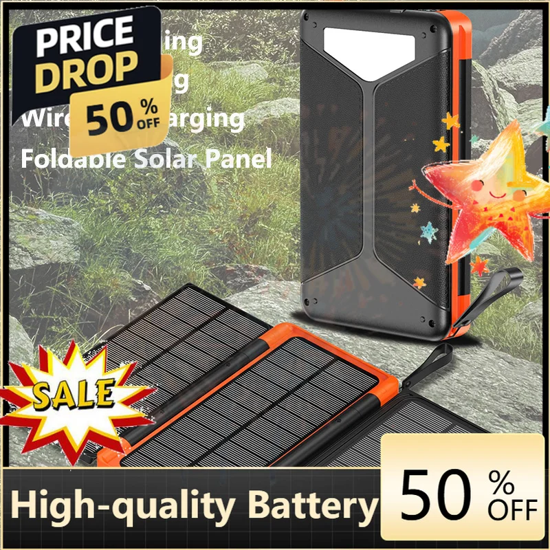 SWZY 20000mAh with 3 Solar Panel Wireless Charger Powerbank Folding Solar Power Bank for iPhone Samsung Xiaomi External Spare Ba