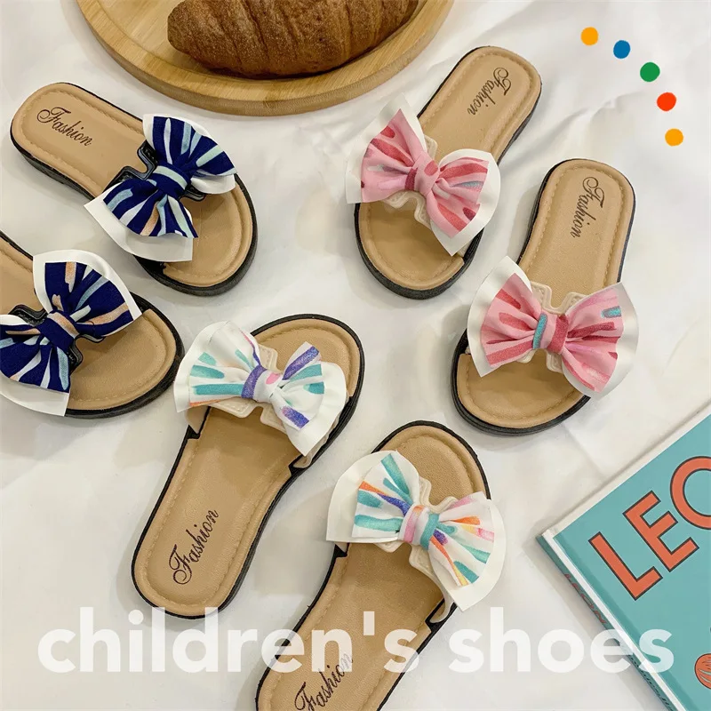 Girls Slippers Striped Bow Children Sandals Fashion Wild Princess Non-slip Soft Kids Flats Beach Sheos Baby Child Sandal Slides