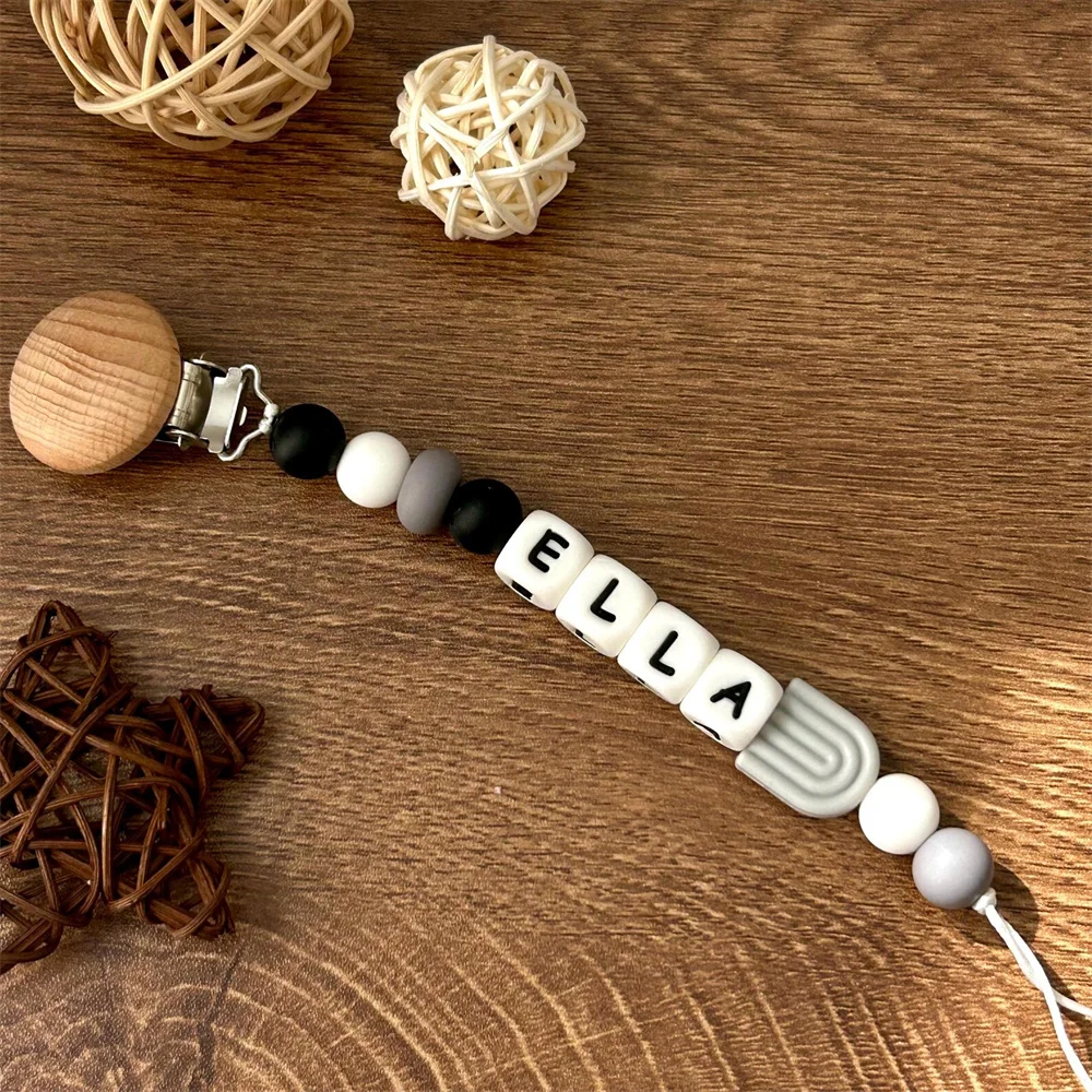 

Custom Name Pacifier Clip: Monochrome Beads & Wooden Clip Design