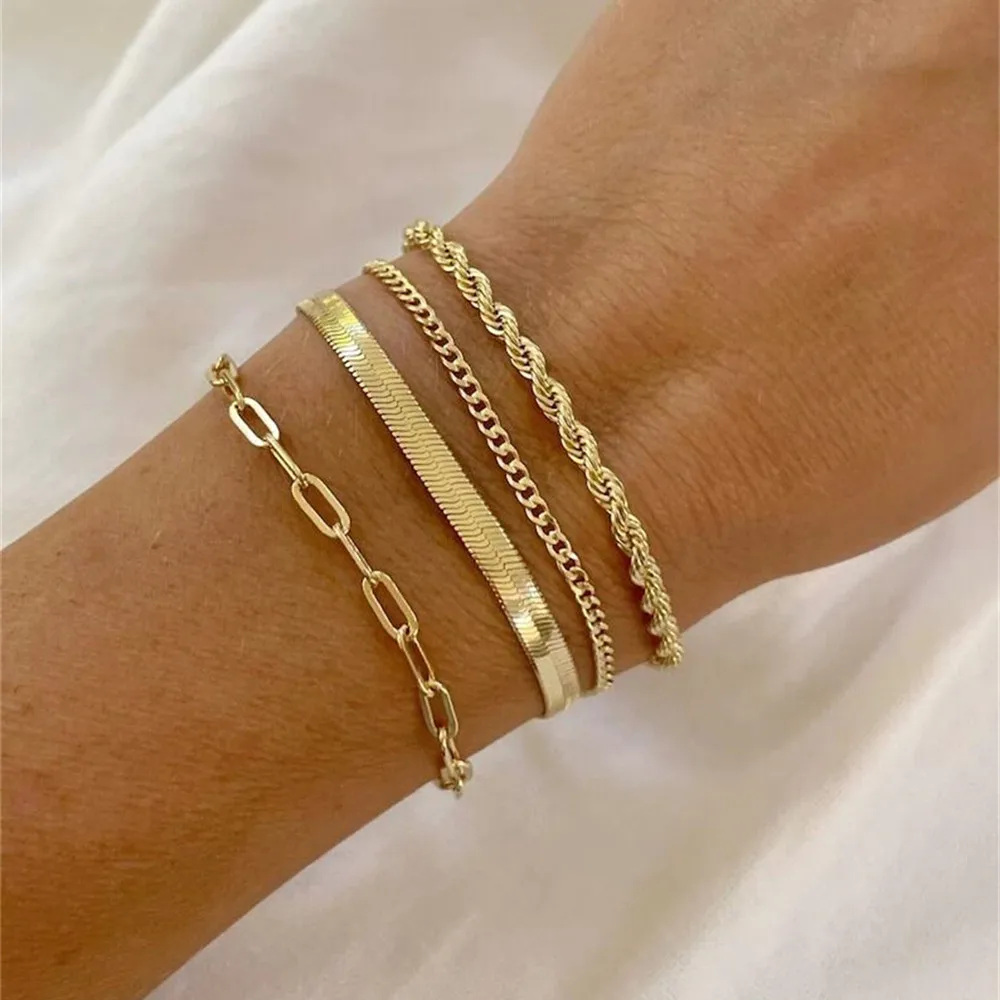 Vintage Boho Handmade Multilevel Gold Color Geometric Twists Snake Chain Bracelet For Women Fashion Female Punk Jewelry Gift