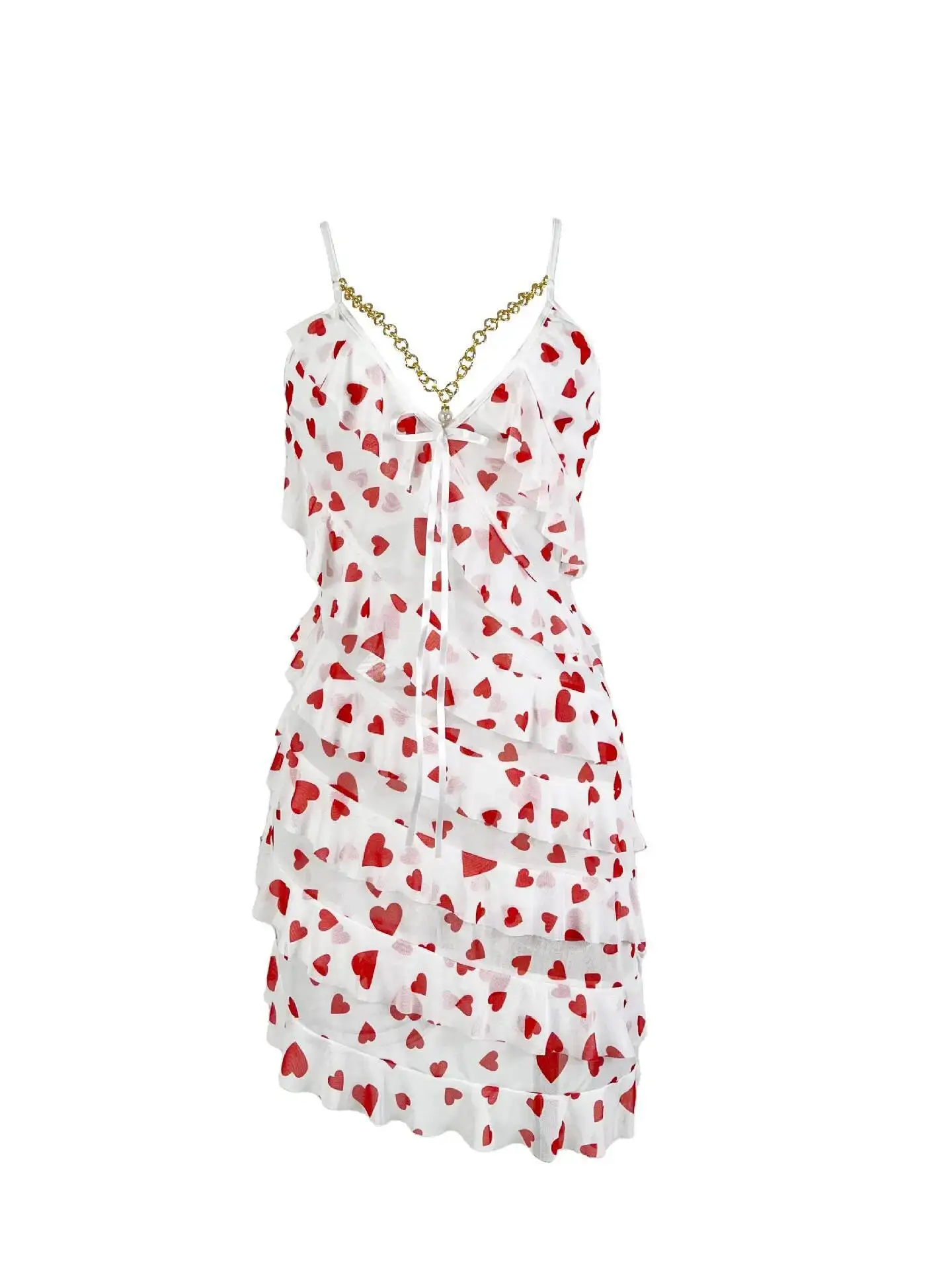 ชุดเดรสสั้นสายเดี่ยวผ้าซีทรูแต่งระบายเซ็กซี่ ประดับด้วยโซ่โลหะและไข่มุก ทรงเข้ารูป ใส่สบายผิว ชุดนอนเปิดหลัง 56GH