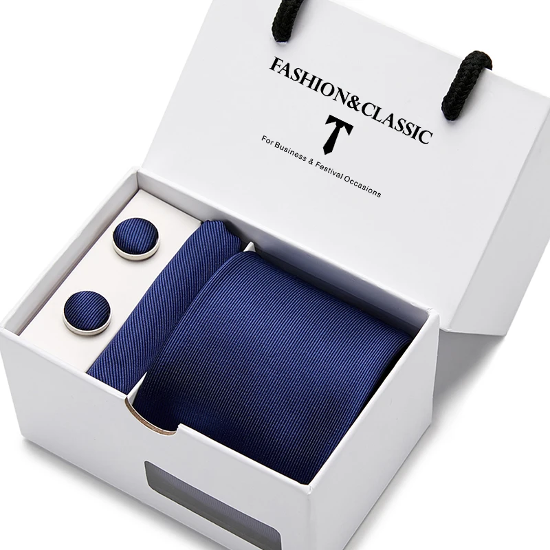 Hochwertiges 7,5 cm schwarzes, solides Herren-Krawatten-Taschentuch-Manschettenknöpfe-Set für Männer, Hochzeitskrawatten, Gravatas in Geschenkbox – Detail 17