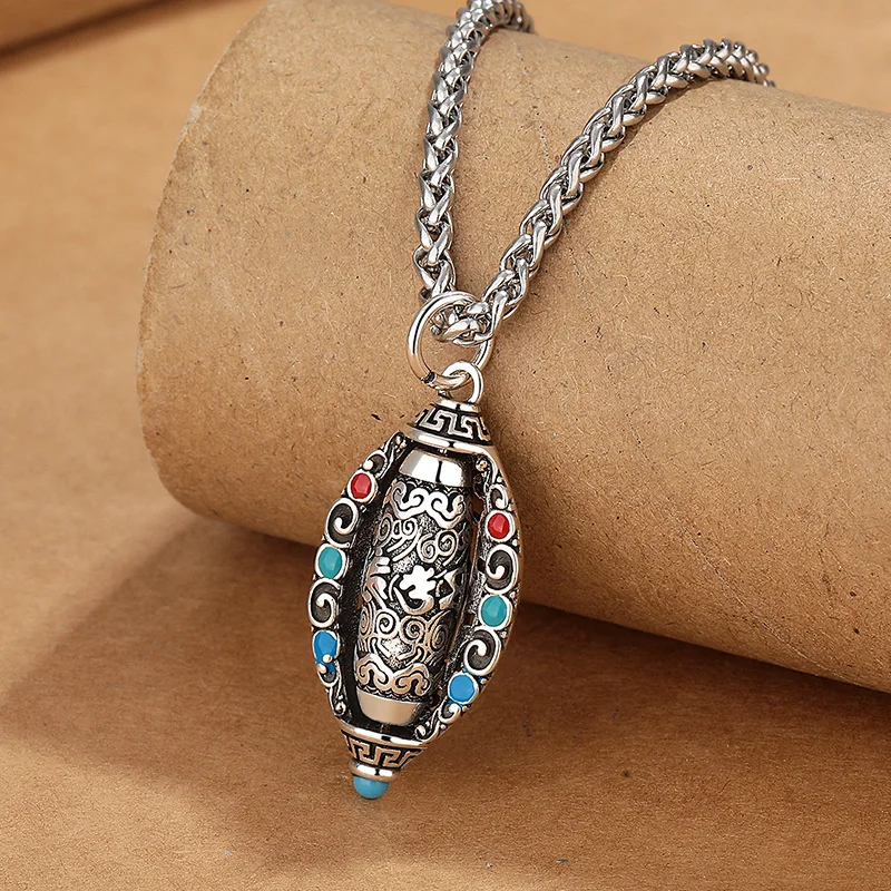 Segen Om Mani Padme Hum Buddhistische Sutras Halskette Männliche Halsband Zubehör Retro Gebet Rad Anhänger Für Männer Schmuck