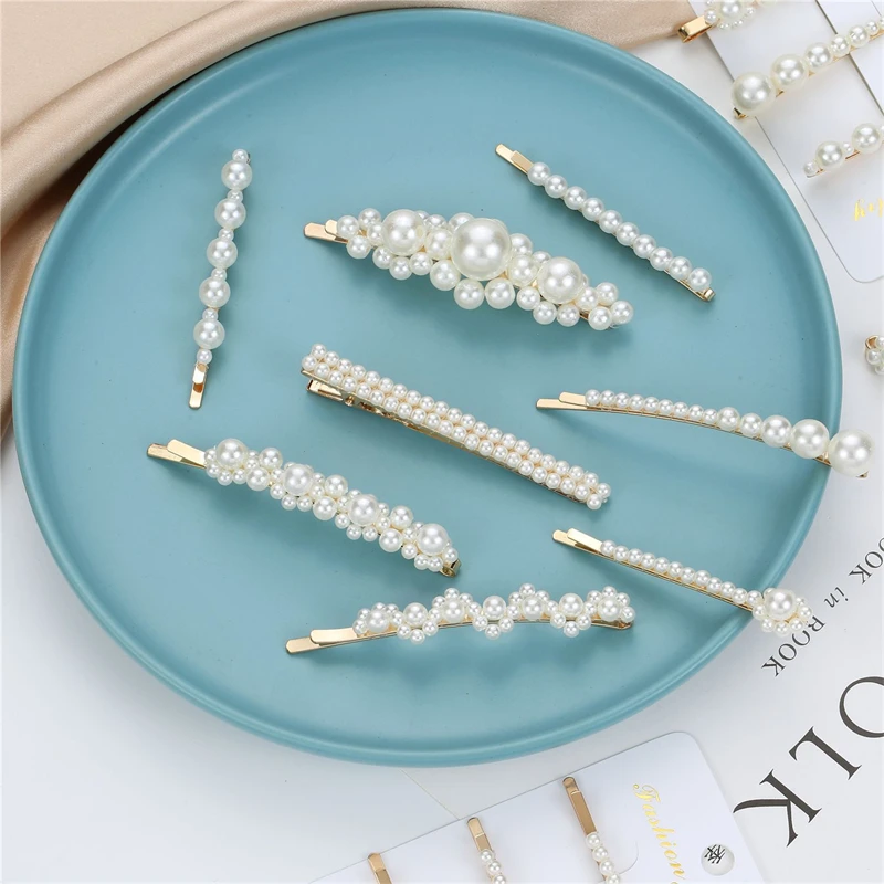 Pearl Hairpin Female Korean Simple Gold Retro Hairpin Flower One Word Clip Edge Clip Handmade Headwear Hair Accessories