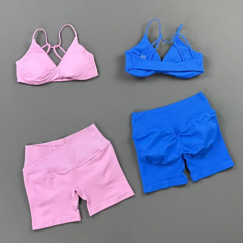 HISTELLO Vision Fitness Sets Women Twist Front Sports Bra Seamless Tummy Control Cross Waist Shorts Suit Biker Gym Workout Set