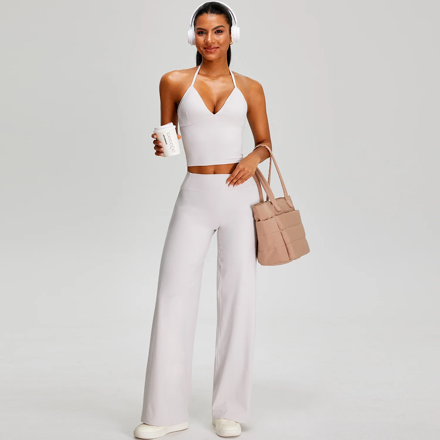 Women's 2 Piece Yoga Set Gym Clothing Fitness Suit Running Workout Tracksuit Sportswear Outfits Halter Twist Bra Wide Leg Pants