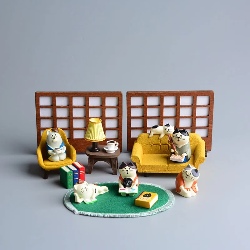 ZAKKA Miniatures Study Bookcase Home Decor Cute Cartoon Cat Retro Desk Gramophone Ornament Crafts Dollhouse Accessories Toy Gift