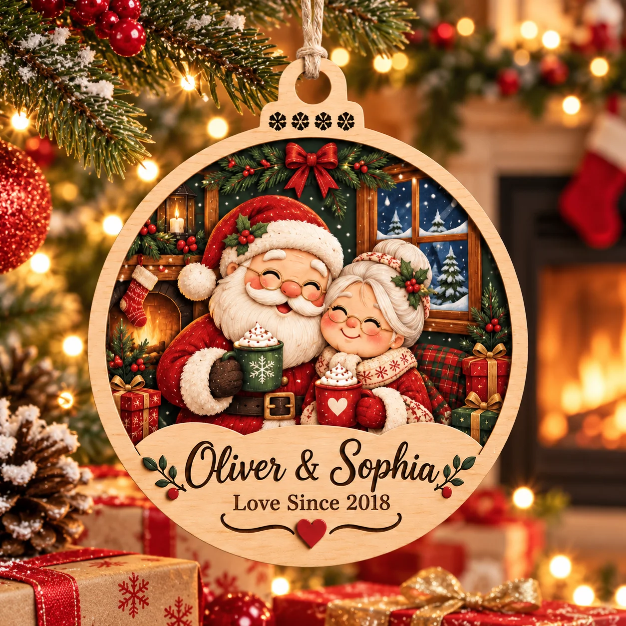 Custom Name Christmas Ornament Personalized Photo Wooden Hanging Decoration Double Layer Wood Christmas Tree Decor Holiday Gift