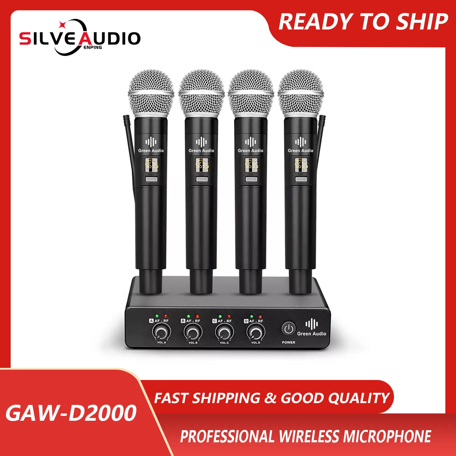 

GAW-D2000 2023 Newest 4Channel UHF Wireless Microphone Handheld Mic 100 Meter Distance Strong Signal Stage Performance KTV