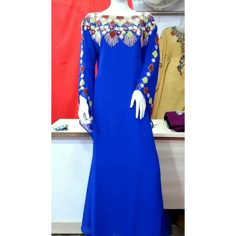 

Navy Blue Kaftans Farasha Abaya Dress From Dubai Morocco Is Very Stylish and Trendy with A Long Floral Dress