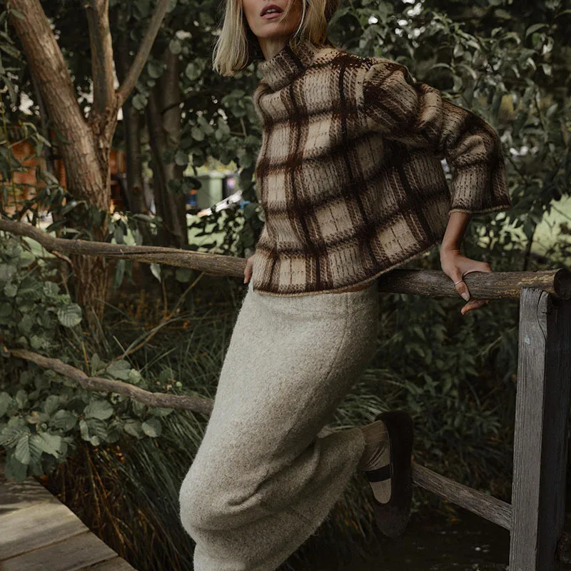 

Simple f High Ne Color Blo Effect Plaid Knitted Sweater for Women Casual Sle Long Sve Regular Fit Knitwear