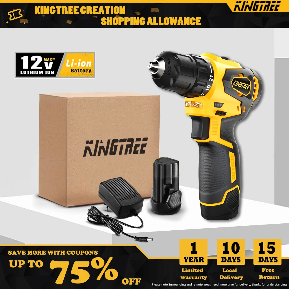 Kingtree 12V Brushless Motor Drill Cordless Electric Drill Mini Screwdriver Power Tools