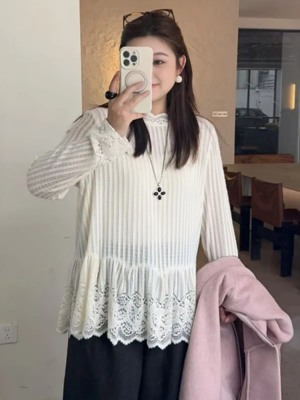 

Плюс размер, текстура, кружевная отделка, воротник-стойка, вязаный топ, женская внутренняя одежда, утягивающий базовый слой, Irt, повседневный свободный крой, длинный све