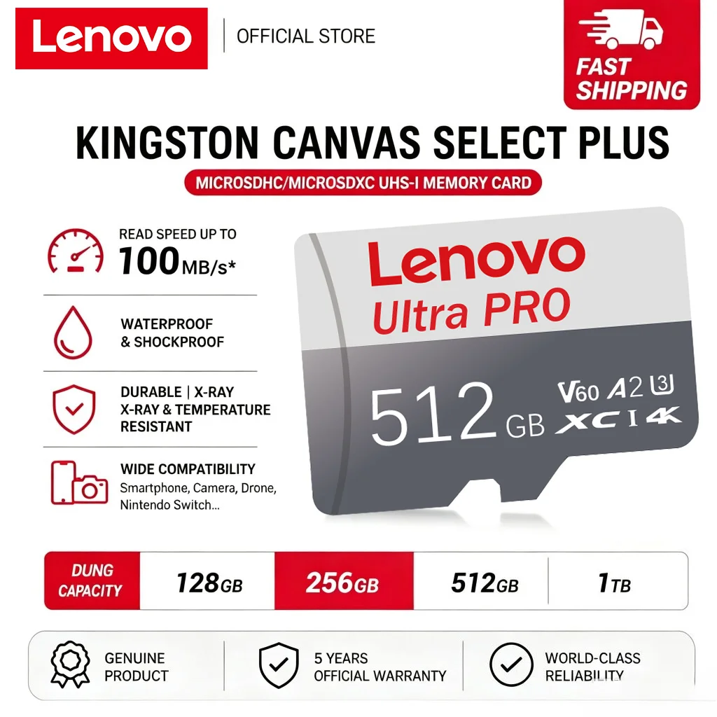 Lenovo Original 128GB Micro TF SD Card UHS-I A1 V60 Memory Card TF Card for Smartphone Camera Drone 4K Video Recording Switch