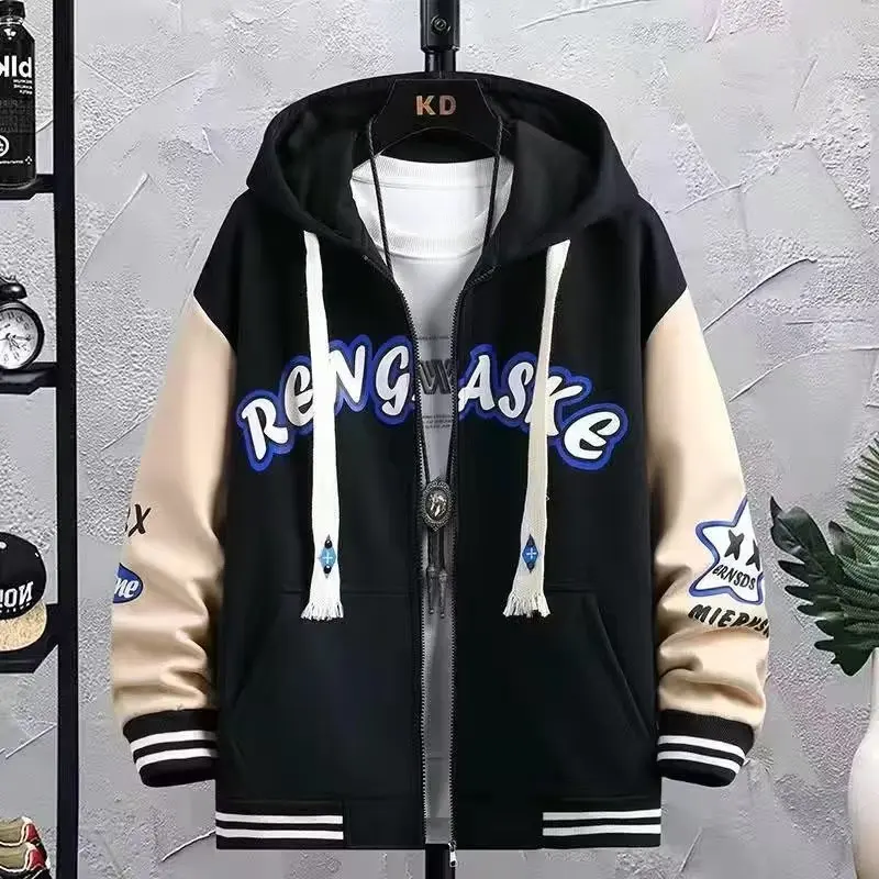 

2025 New Men's Hooded Zipper Jacket M-6XL Spring Autumn Korean Fashion Loose Male Coat Hooded Baseball Jersey Men's Clothing