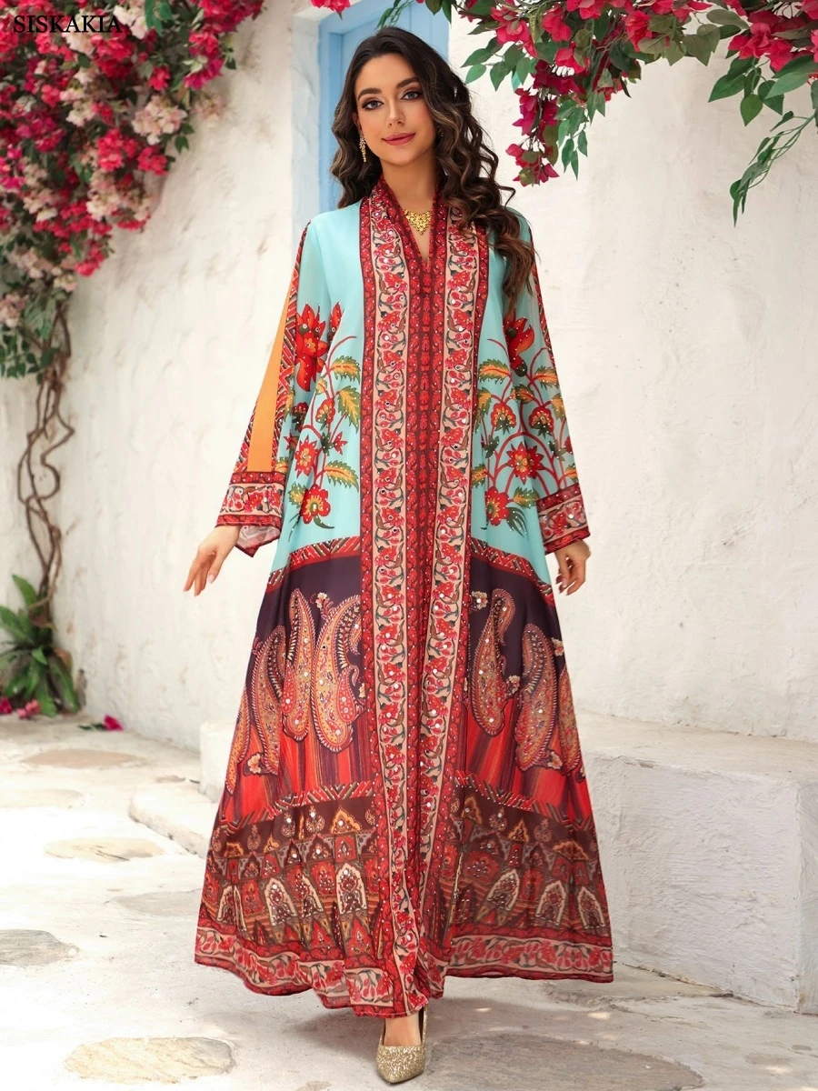 

Siskakia Dubai Luxury Floral Print Maxi Dress V-Neck Abaya With Rhinestones Moroccan Women Clothes 2025