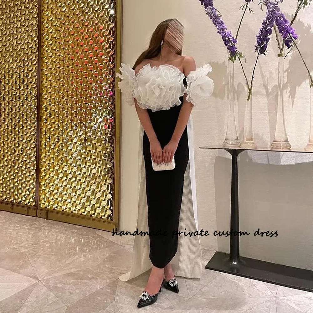 

Black Mermaid Saudi Arabic Evening Dresses White Flower Strapless Dubai Celebrate Party Dress with Skirt Women Prom Event Gowns