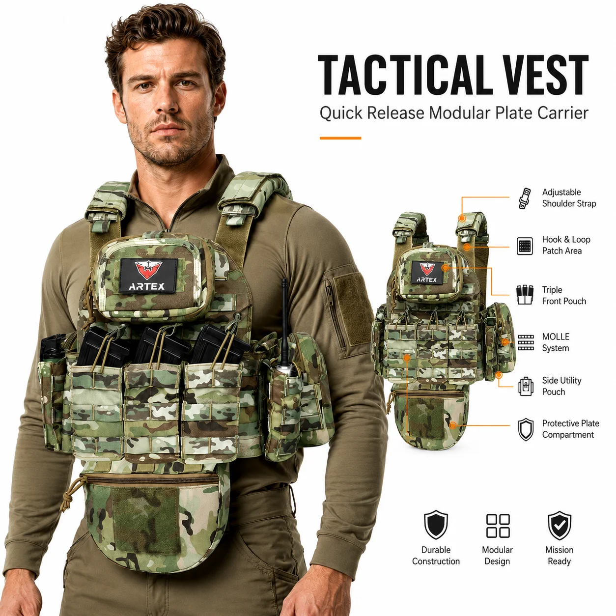 ARTEX 8128 High-Strength Wear-Resistant Tactical Plate Carrier Vest Waterproof Modular MOLLE Gear for Airsoft Hunting Training