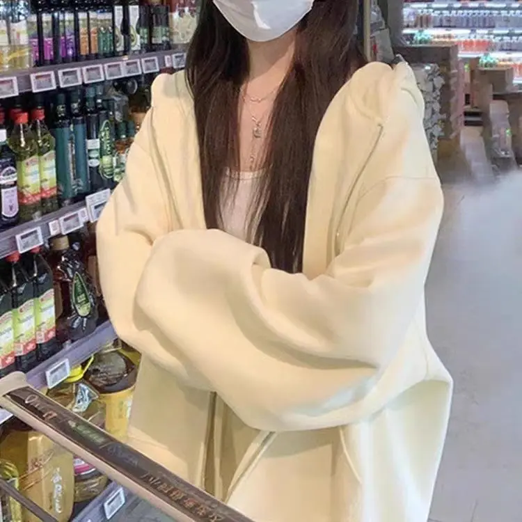 Solid Color Hooded Sweatshirt Women's Autumn Winter Loose Slim Lazy Style Casual Zipper Top Plush Jacket