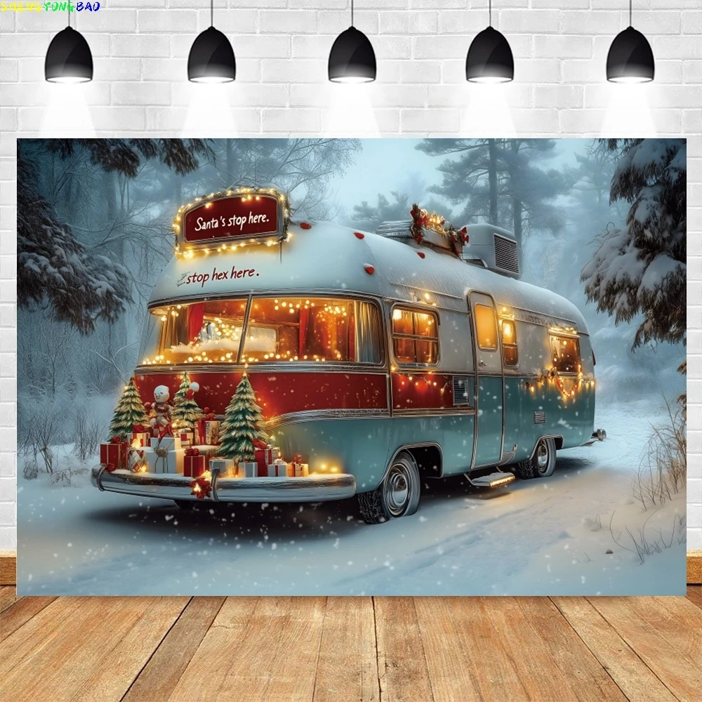 

Christmas Camping Car Photography Backdrops Winter Snow Forest Glitter Light Xmas Trees Outdoor Holiday Party Background Decor