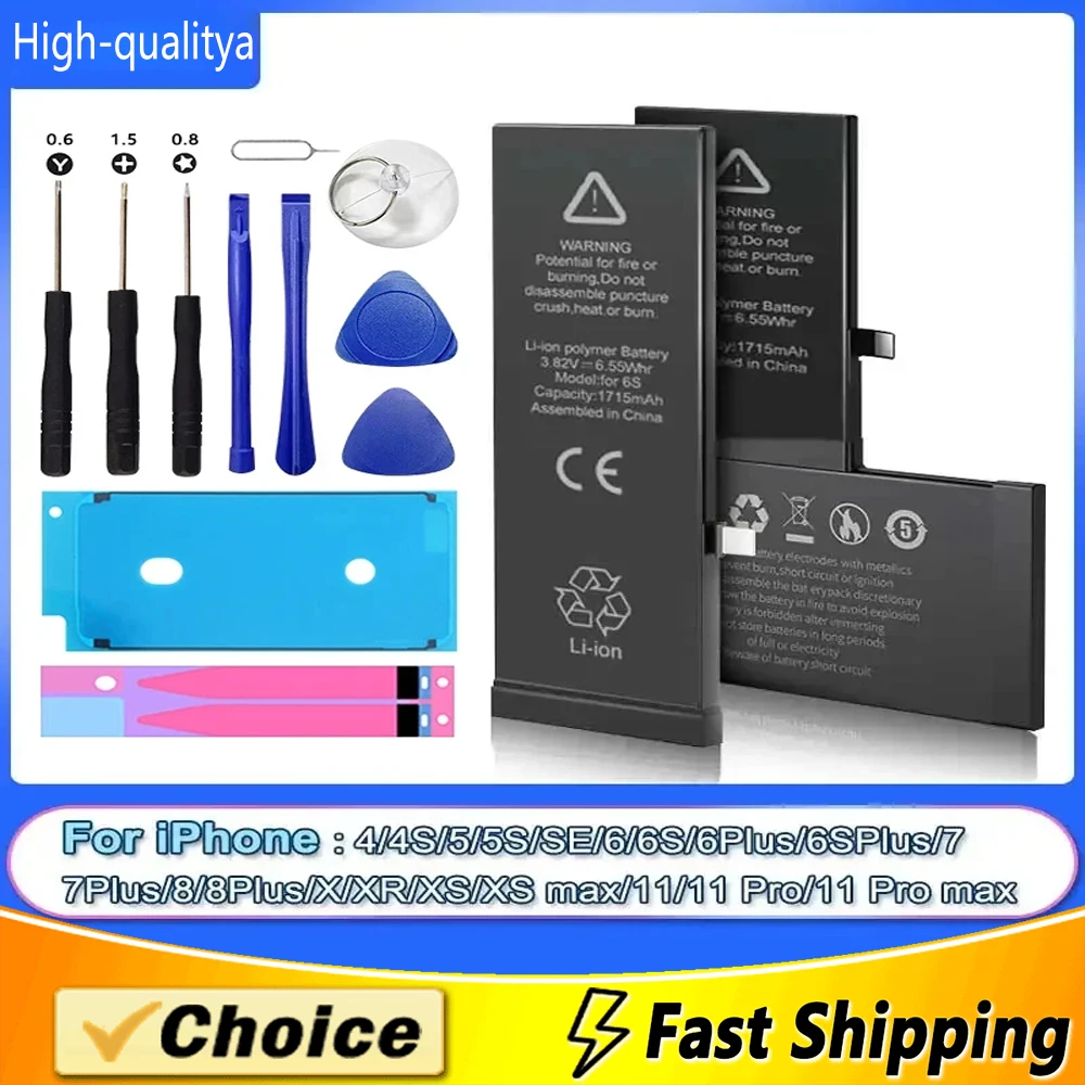 Zero-cycle High-quality Battery For iPhone 5 6 6S 5S SE 7 8 Plus X Xs Max 11 Pro Mobile Phone With Free Tools Sticker