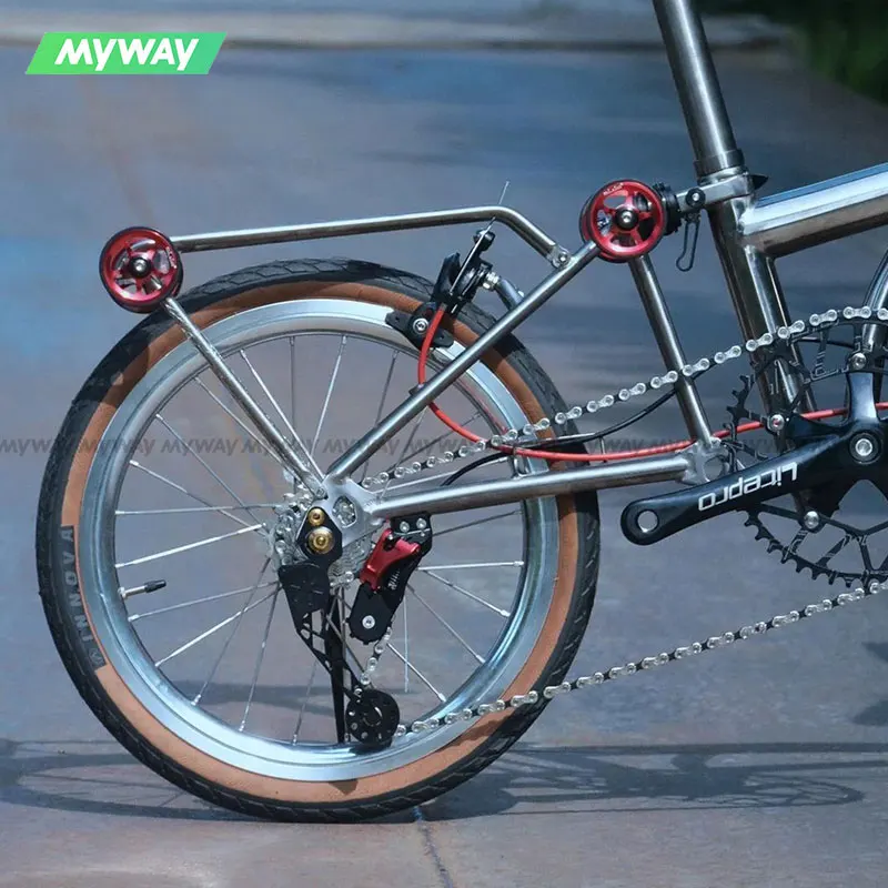 MYWAY 16 Inch Titanium Alloy Trifold Folding Bike 7 Speed P Line Modification with Disc And Flat Brake for MINI City Bike Vehicl