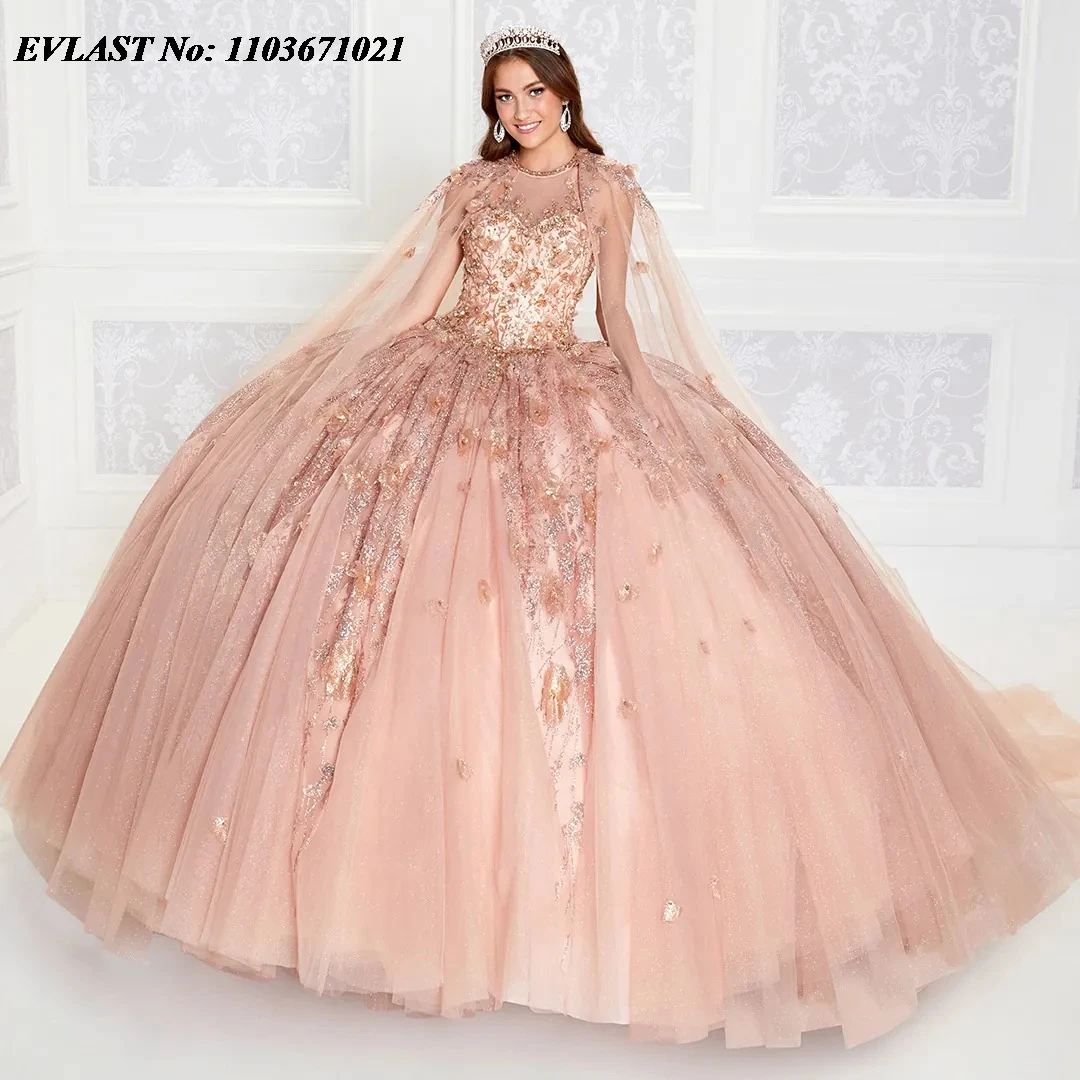 

EVLAST Mexican Blush Pink Quinceanera Dress Ball Gown Gold Floral Appliques Beading With Cape Corset Vestidos De XV Anos SQ294