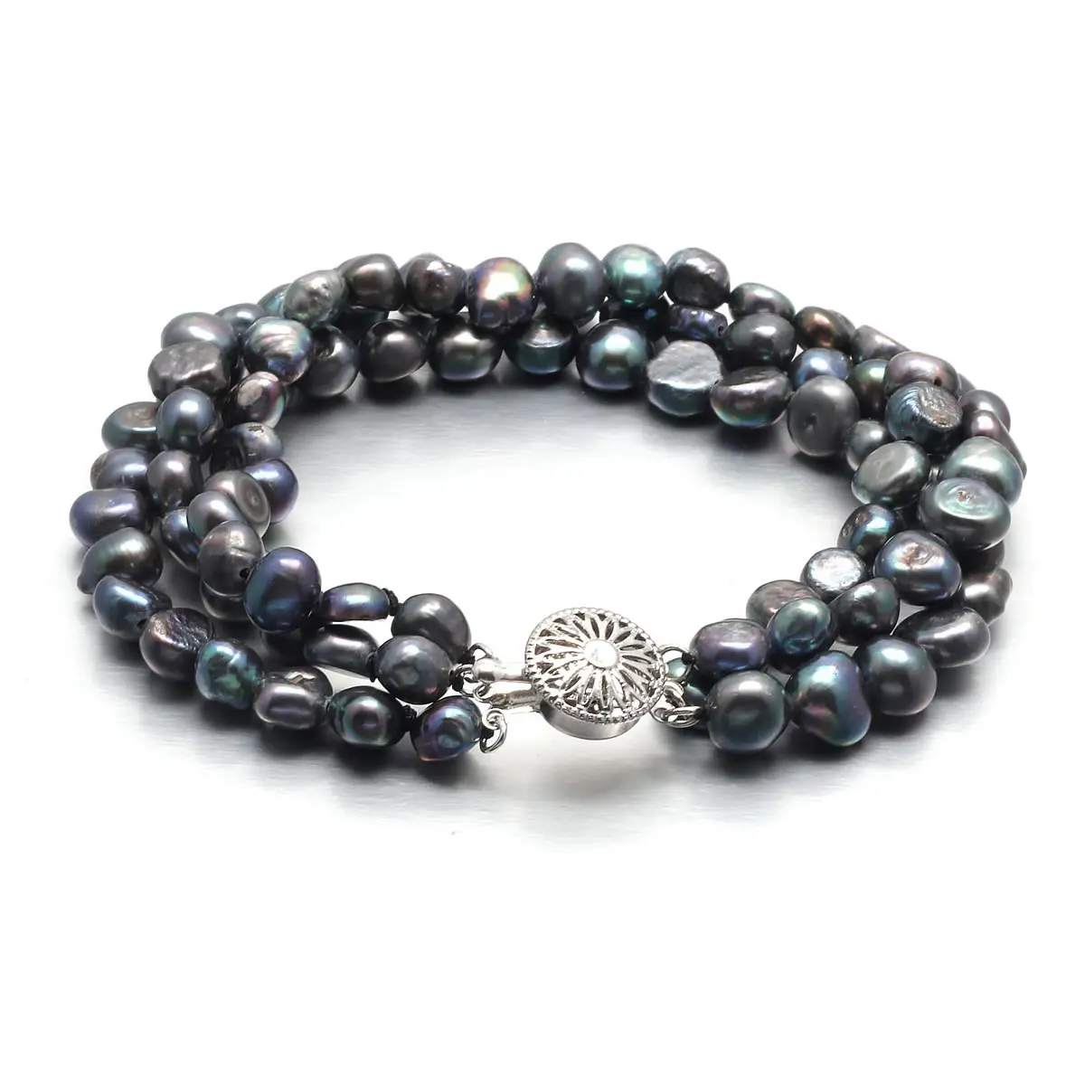 7-8mm Black Baroque 3 Rows Natural Freshwater Pearl Bracelets Jewelry Bangle for Women and Men