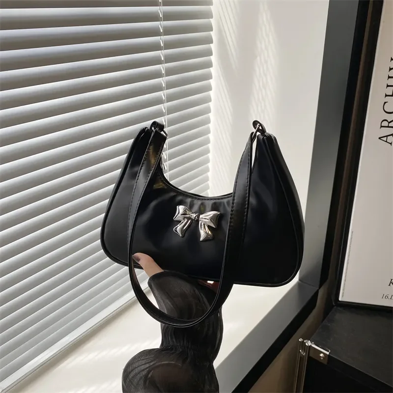 Black Trendy Bow Pattern Underarm Bag Smooth Zipper Closure, Compact Fashion Shoulder Purse Holds Phone Lipstick Essentials