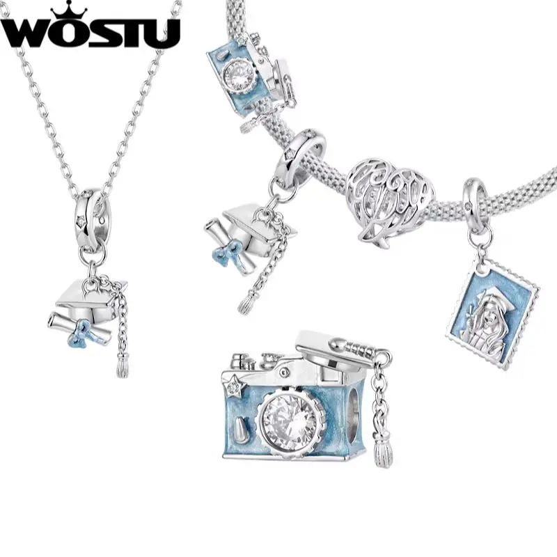 WOSTU Copper Graduation pendant Camera Bead Grad Cap Charm plated White Gold Original For Women Senior Year Fashion Jewelry Gift