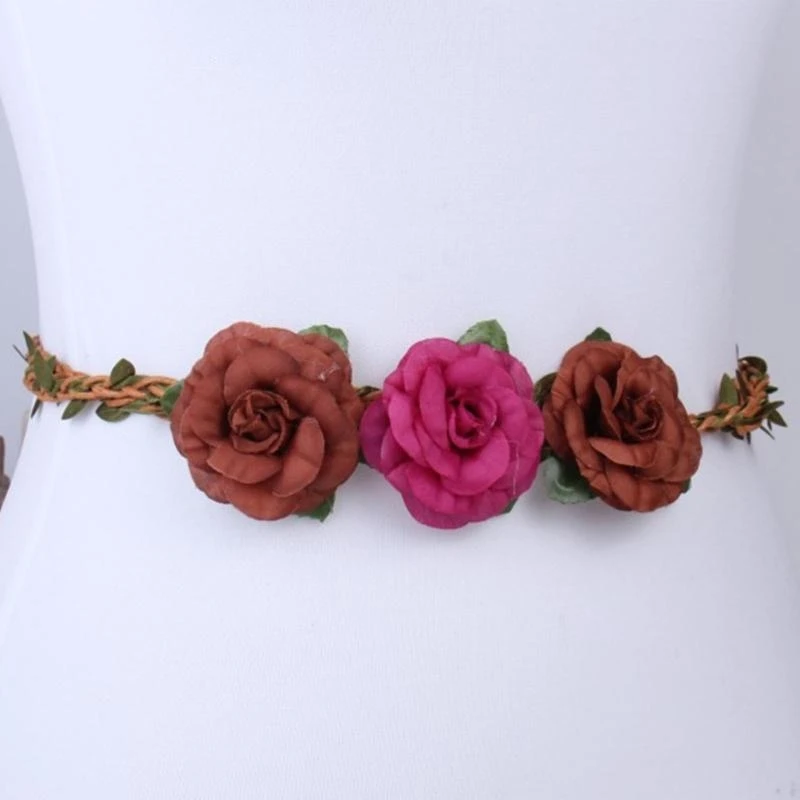 Y5GC Adjustable Hole Flower Decors Waist Belt Women Elastic Belt Colorful Weave Belt