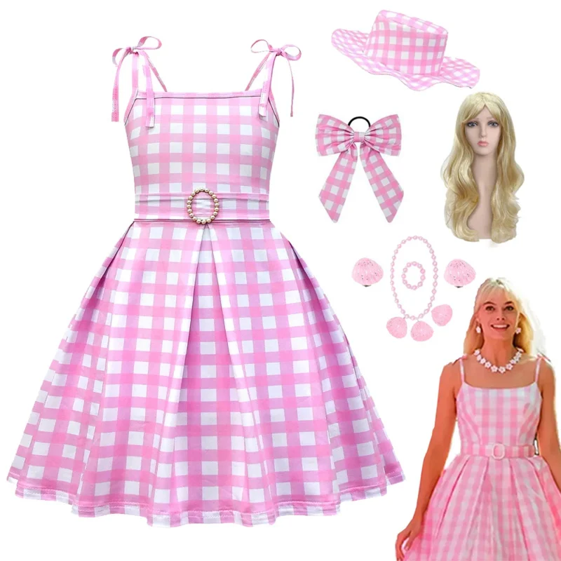 Movie the same style b-Barbies cosplay costume baby girl dress Halloween up sling plaid pink party princess dress free headwear