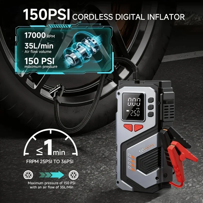 10000A seven in one portable emergency starting power supply for automobiles, equipped with a multifunctional device of inflatio