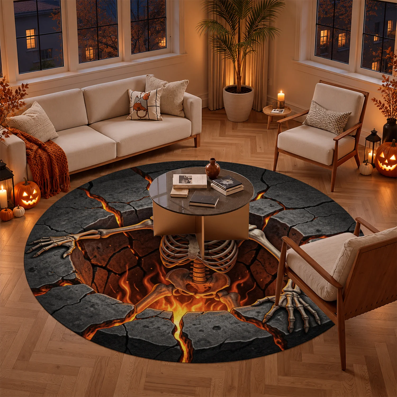 3D Fiery Skeleton Lava Cracked Pattern Round Area Rug Velvet Fabric Machine Washable Soft Durable For Living Room Bedroom Entryway Dining Room Ideal For Halloween Thanksgiving Christmas New Year Black Friday Home Decor